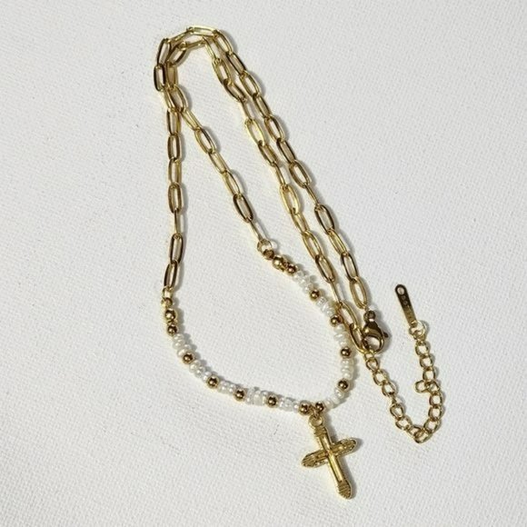 Gold‎ Plated Stainless Steel Chain Freshwater Pearl Beads Cross Pendant Necklace - Picture 1 of 14
